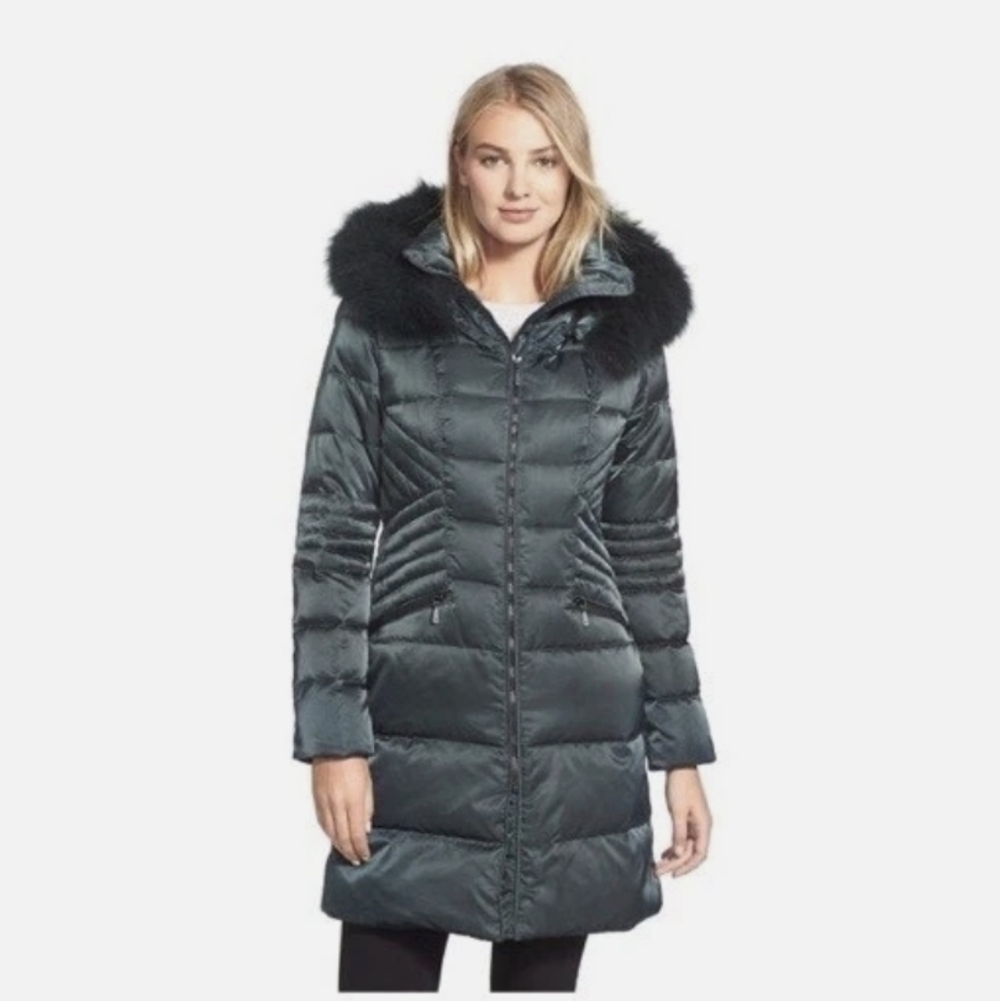 1 Madison Dark Jade Green Down Puffer Coat With Fur Trimmed Hood - Picture 2 of 12
